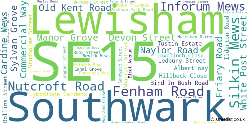 A word cloud for the SE15 1 postcode